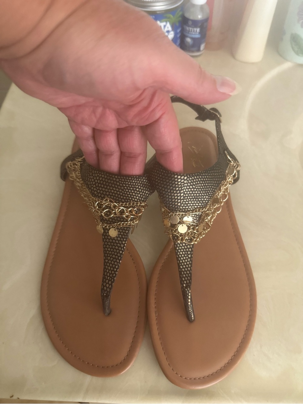 Women's Metallic Black T-strap Sandals with Gold Chain Accents
